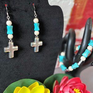 Turquoise Crucifix - Beaded turquoise, cross earrings and bracelet set